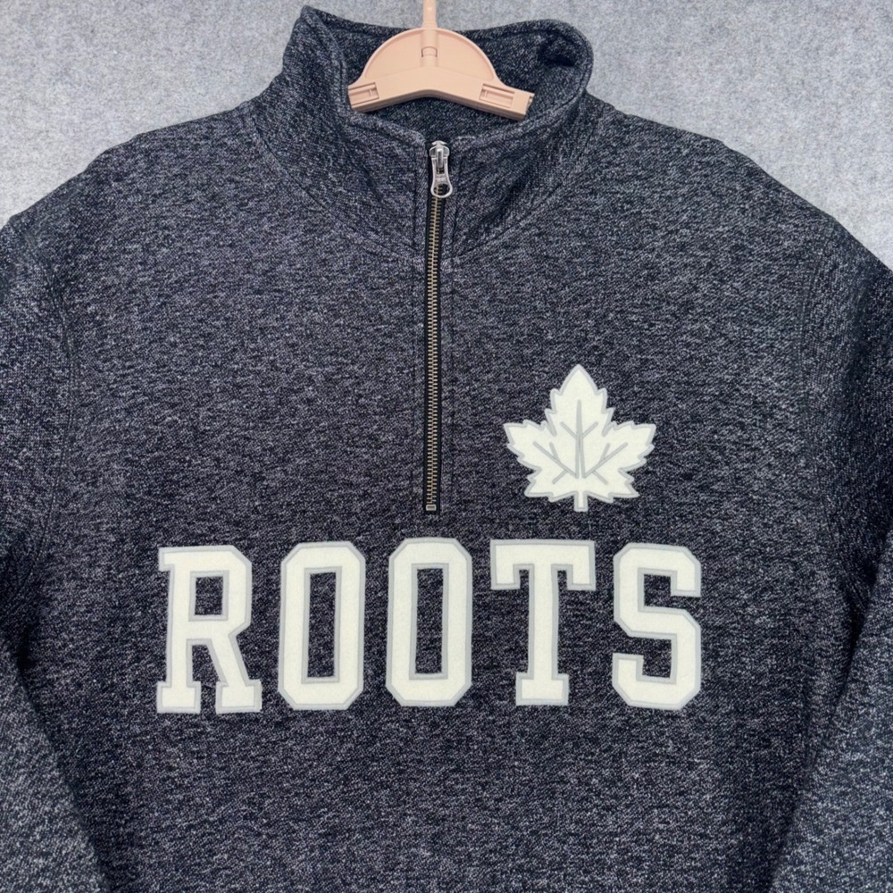 Roots Canada Mens XL Quarter Zip Pullover Sweatshirt Grey Marl Maple Leaf Logo